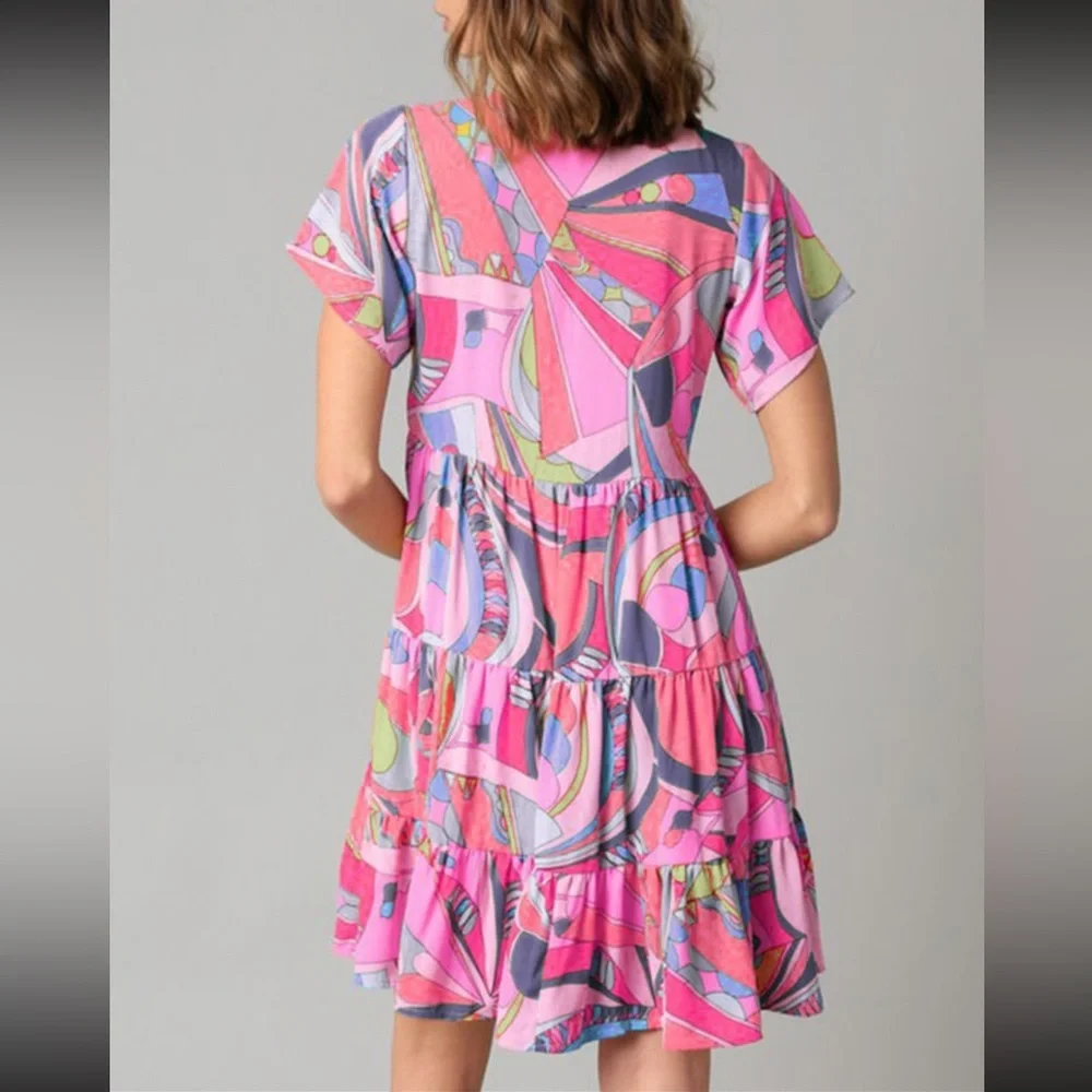 Pink abstract geometric print tassel tie flare dress - Picture 4 of 4